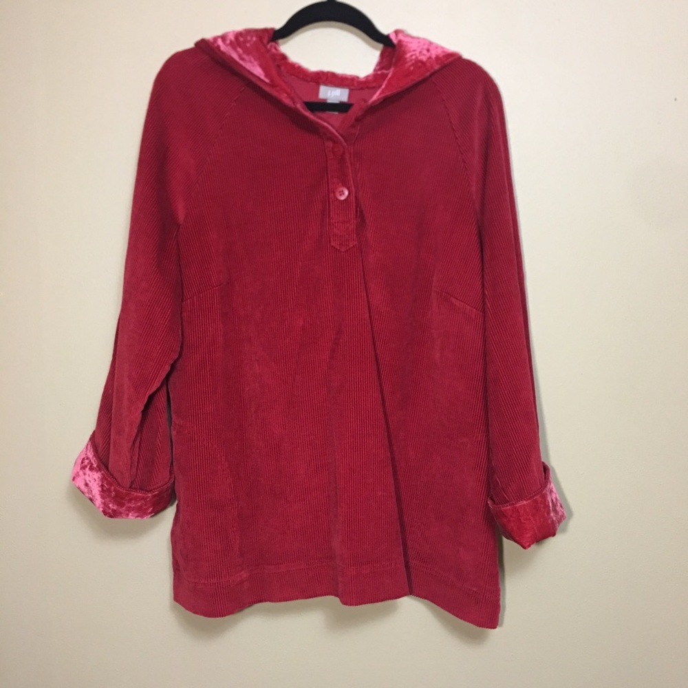 J Jill Red Corduroy Velour Hooded Jacket Coat 1X